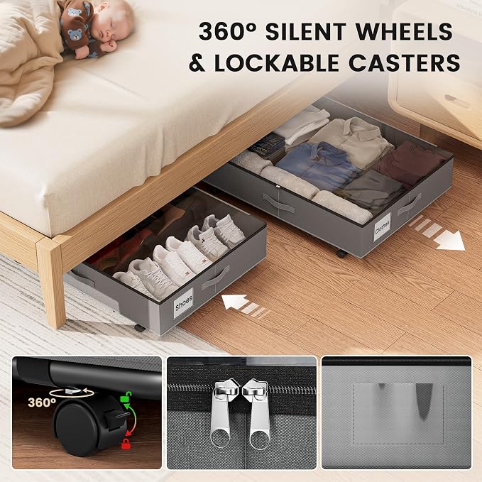 XXXL 78L Under Bed Storage with Wheels, Rolling Storage Containers with Clear Lid & Label, Heavy-Duty Metal Frame, Easy Pull-out, Underbed Storage Bins for Clothes, Shoes, Blankets, and Toys(2PACK) - Image 5