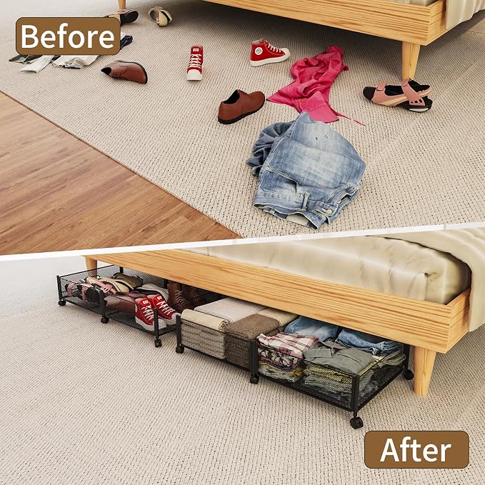 Under Bed Storage with Wheels, 31.5in / 35L Large Rolling Underbed Storage, Underbed Drawer on Wheels, Tool-free Assembly Metal Under Bed Drawers Organizer Container for Bedroom Shoes Clothes Toys - Image 4