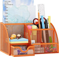 EasyPAG Mesh Desk Organizer with Drawer Multi-functional Pen Holder Stationery Organizer for Office School Supplies 6 Compartments Dorm Organizers and Storage for Desk, Orange by EasyPAG