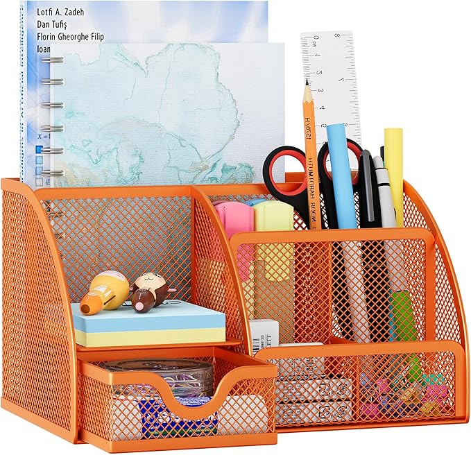 EasyPAG Mesh Desk Organizer with Drawer Multi-functional Pen Holder Stationery Organizer for Office School Supplies 6 Compartments Dorm Organizers and Storage for Desk, Orange by EasyPAG