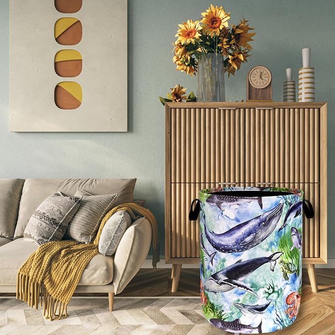 Colorful Whale Laundry Basket Oxford Cloth Foldable Hamper 18.9x16.5 Inch - Image 7