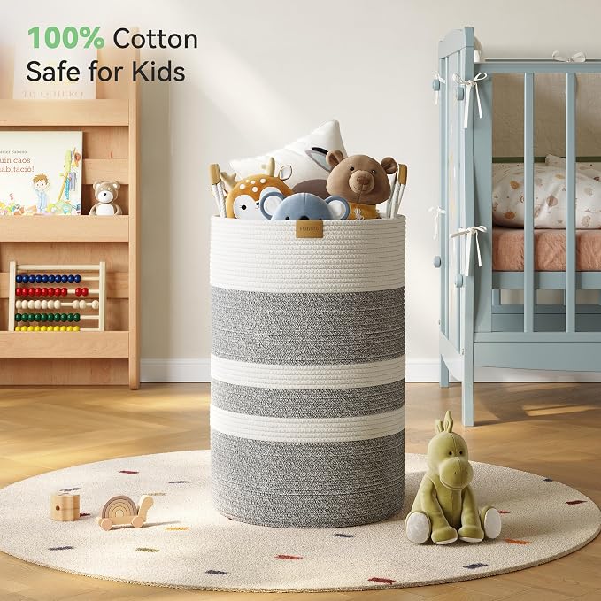 Nunsino 75L Striped Laundry Hamper with Leather Handles,Large Foldable Laundry Basket for Clothes,Cotton Rope Storage Bin for Blankets,Woven Clothes Basket for Bedroom,Gray Stripes - Image 3