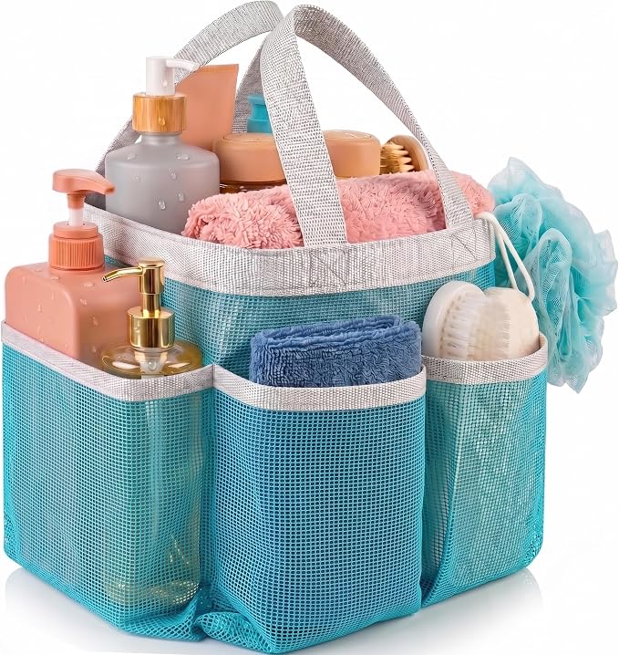 Handy Laundry Mesh Shower Caddy - 7 Pocket Portable Bathroom Organizer Tote for Travel, Gym & Dorm - Collapsible Small Shower Caddy Bag to Hold Toiletries & Essentials (Blue) by Handy+Laundry