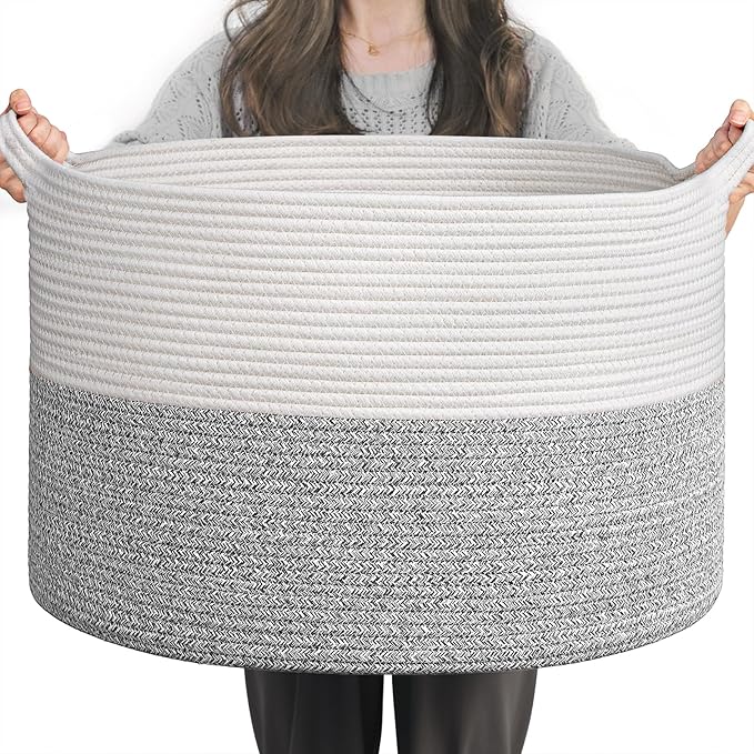 INDRESSME Large Woven Rope Blanket Basket Living Room Light Grey, 65L by INDRESSME