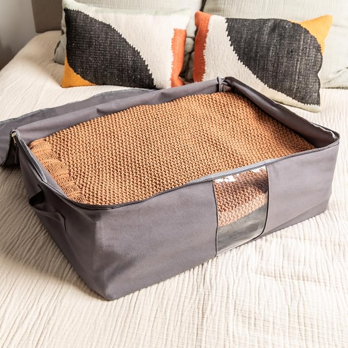 Soft Canvas Storage Bags with Zipper. Thick Breathable, 2pc King/Queen Comforter Organizer. Four Carrying Handles and Window. Large 25x19x9in Bag for Sheets Blankets Bedding Pillows, Clothes (Grey) - Image 2