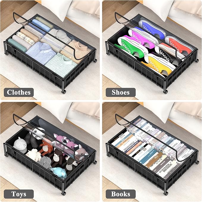 Hleelomi Under Bed Storage with Wheels and Storage Bag, 360° Rolling Under Bed Metal Drawers for Clothes, Blankets, Books and Shoes,Black， 2pack - Image 3