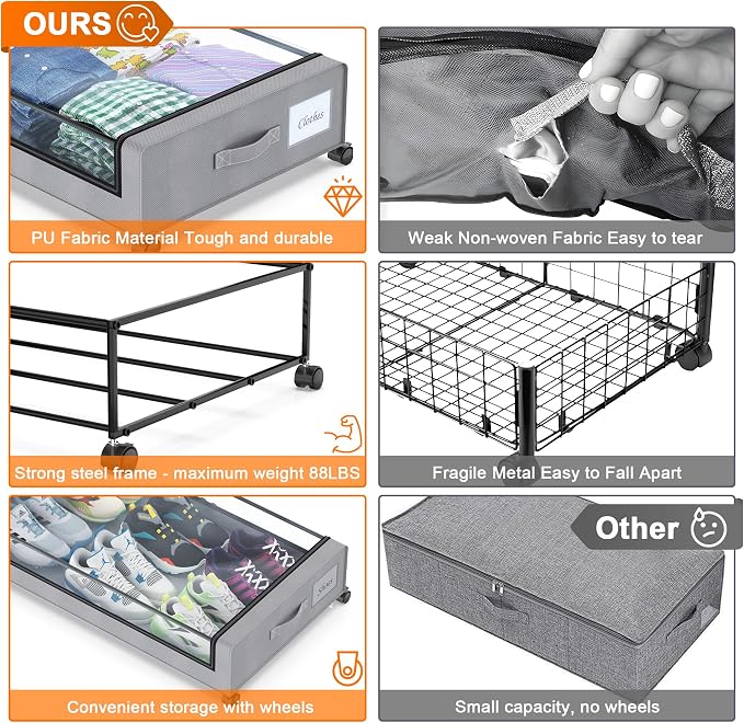 Under Bed Storage with Wheels, 4 Pack Under Bed Storage Containers with Dividers & Clear Lids, XXL 65L Under the bed storage Organizer Bins, Underbed Storage with Wheels for Clothes,Shoes,Toys - Gray - Image 3