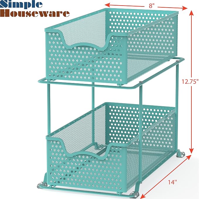 Simple Houseware 2 Tier Sliding Cabinet Basket Organizer Drawer, Turquoise - Image 3