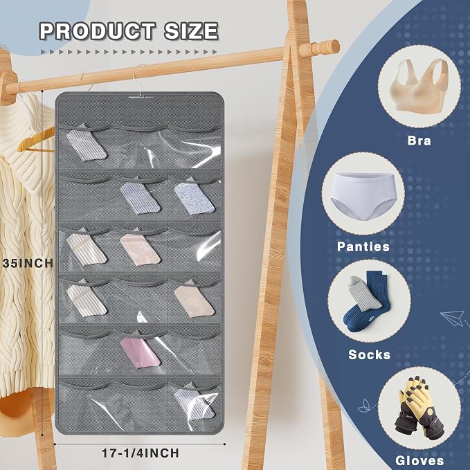 26-Pocket Hanging Closet Organizer for Socks and Underwear, Dark Gray - Image 4