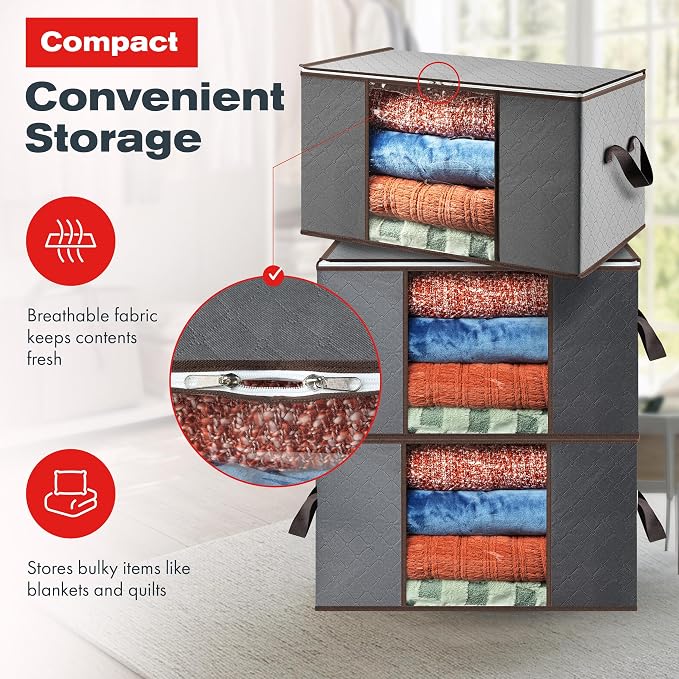 Storage Bags For Clothes - 6-Pack Collapsible Organizers for Blankets, Bedding & Clothes - Large 90L Zip Bags with Handles - Clear Durable Containers for Closet Organization (Grey) - Image 5
