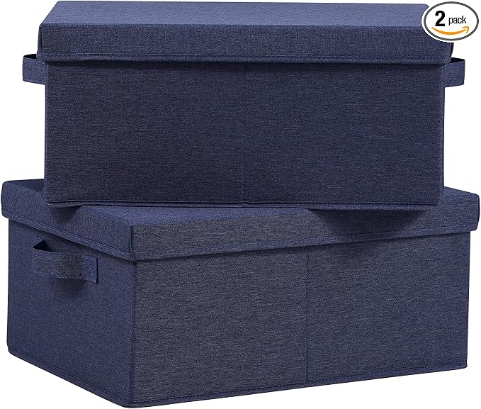 HOONEX Foldable Storage Bins with Lids, Pack of 2, Storage Boxes with 2 Carrying Handles and Heavy Cardboard, 16.5" L x 11.8" W x 7.5" H for Shoes, Clothes, Blue by HOONEX