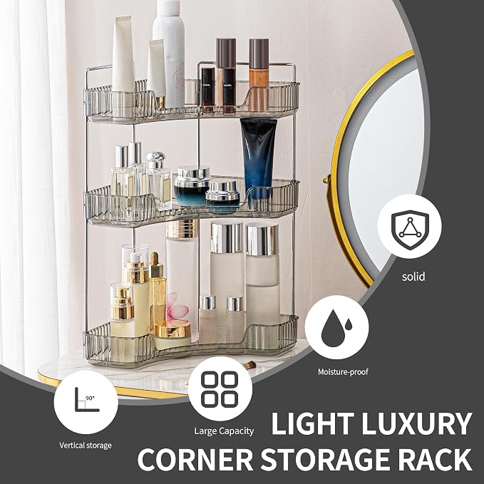 YCIA&DONE Corner Bathroom Counter Organizer, Makeup Organizer for Vanity, Skincare Cosmetic Perfume Tray, Corner Countertop Shelf Rack Storage for Bathroom Kitchen 3Tiers (Smoky Gray) - Image 3