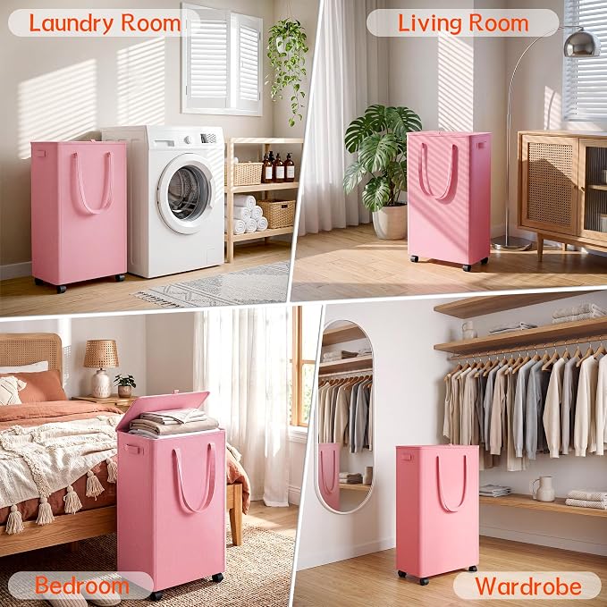 Slim Laundry Hamper with Wheels,15 Gal (55L) Rolling Laundry Basket with lid and wheels Clothes Hamper Foldable Tall Dirty Clothes Basket Sturdy Collapsible Clothes Hamper for Dorm,Laundry Room - Image 7