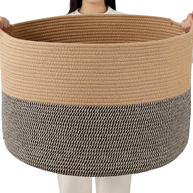 Foldable Laundry Hamper Basket with Collapsible Handle Cotton Rope Soft Woven Fabric Storage Organizer Clothes Toys Nursery Bedroom Dorm Space Saving Bin (Camel & Mix Camel, 115L(23.6"D x 15.7"H)) by BEVOVBE