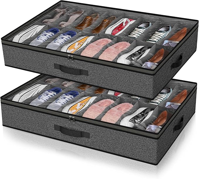 Under Bed Shoe Storage Organizer for Closet, 32 Pairs Sturdy Underbed Shoe Storage Boxes Bins Container Foldable Shoes Storage with Reinforced Handles & Clear Window for College Dorms Grey, Set of 2 by Besslly