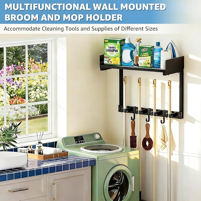 HUFAND 15" Wall Mounted Broom Holder and Mop Organizer with Shelf and Hook - Image 2