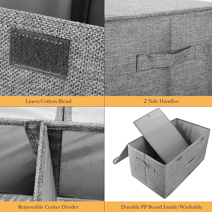 2 Pack Large Linen Fabric Collapsible Storage Bins with Lid and Handles, Washable Storage Box Baskets Cube with Removable Divider for Bedroom,Closet,Office,Living Room,Nursery (Black, Small) - Image 2