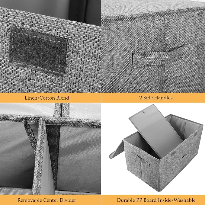 2 Pack Storage Boxes with Lids and Handles, Collapsible Linen Storage Bins Organizer Containers Baskets Cube with Removable Divider for Home Bedroom Closet Office (Cream, Large) - Image 2
