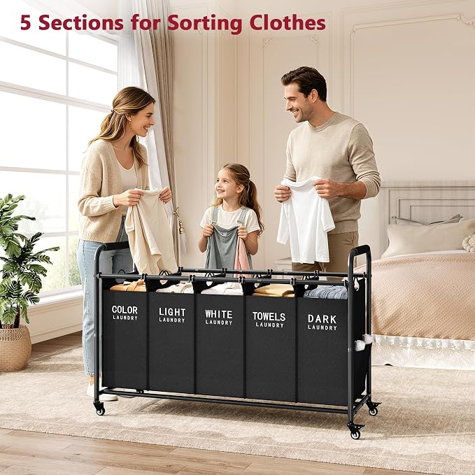 Tajsoon 5 Bag Laundry Sorter, 5 Section Laundry Hamper with Wheels, Black - Image 2
