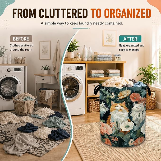 Cute Cat Laundry Basket,Poppy Flowers Foldable Oxford Laundry Hamper with Handles,Collapsible Clothes Storage Basket for Bedroom,Bathroom,or Laundry Room,20.8 x 16 Inches - Image 4