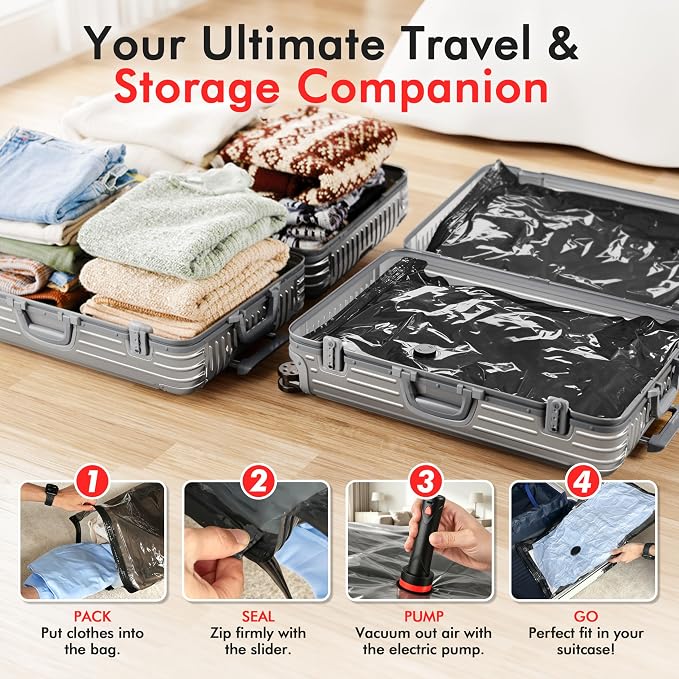 MEIQIHOME 10 Pack PackEase Travel Vacuum Bags 1500mAh Wireless Pump, 80% Compression Space Saver for Luggage, Clear PA+PE Reusable Seal Bags for Clothes, Portable Electric Air Pump for Travel & Home - Image 7