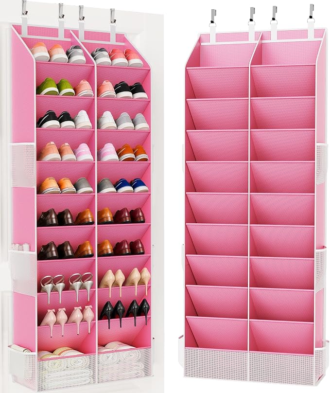 Criusia Over the Door Shoe Organizer, 20-30 Pairs Heavy-Duty Hanging Shoe Storage with Large Pockets, 10-Tier Door Shoe Rack with 4 Hooks for Sneakers Sandals Heels Boots (Pink) by Criusia