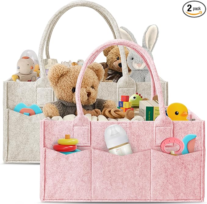 HIPHOP PANDA 2-Pack Diaper Caddy Organizer - Nursery Storage Bin & Car Organizer for Diapers, Wipes, and Baby Essentials - Dual-Color Solid Set (Pink/Oatmeal), Regular Size by HIPHOPPANDA