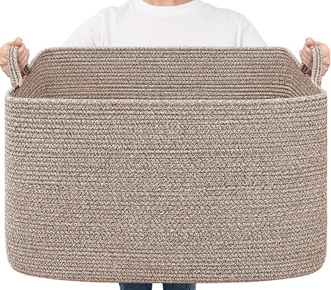 Goodpick 85L Large Woven Rope Blanket Basket, Rectangle, Brown by Goodpick