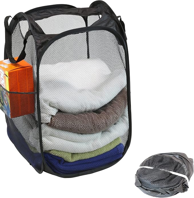 Simple Houseware Mesh Pop-Up Laundry Hamper Basket with Side Pocket, Black - Image 2