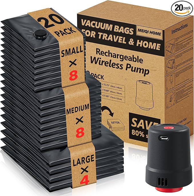 MEIQIHOME 20 Pack PackEase Travel Vacuum Bags 1800mAh Wireless Pump, 80% Compression Space Saver for Luggage, Clear PA+PE Reusable Seal Bags for Clothes, Portable Electric Air Pump for Travel & Home by MEIQIHOME