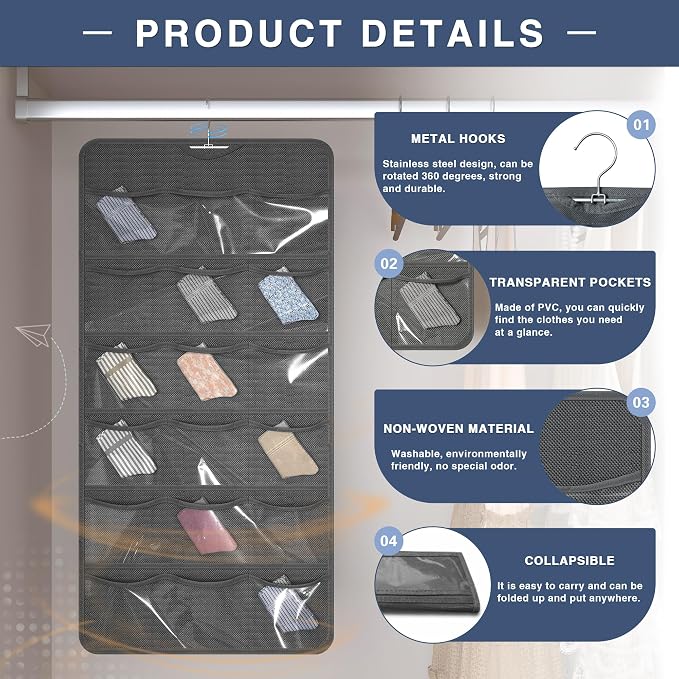 26-Pocket Hanging Closet Organizer for Socks and Underwear, Dark Gray - Image 2