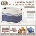 86L Woven Laundry Basket Hamper with Leather Handles,Denim Blue - Image 2