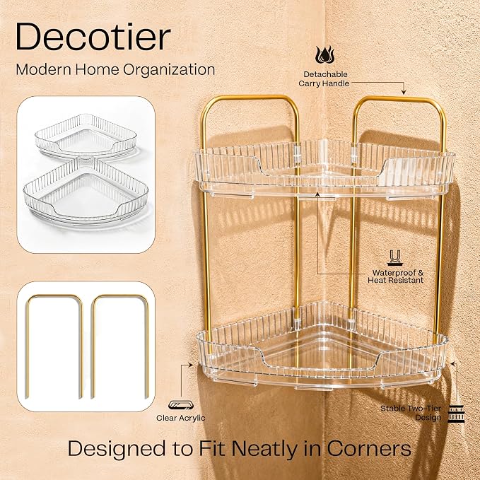 2-Tier Acrylic Corner Bathroom Organizer, 9" x 9" x 11" Large Round Countertop Shelf with Handle, Clear Acrylic Skincare & Makeup Storage Tray, Waterproof Vanity Organizer for Kitchen & Dresser - Image 5