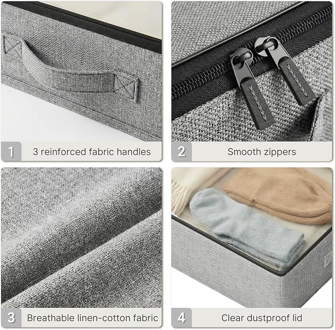 2-Pack Under Bed Storage Containers, 4.5 Inches Tall Clothes Storage, Grey | Low Profile Collapsible Underbed Organizer Bin with Sturdy Sidewalls/Bottom, Cotton-linen, For Seasonal Clothes & Bedding - Image 5