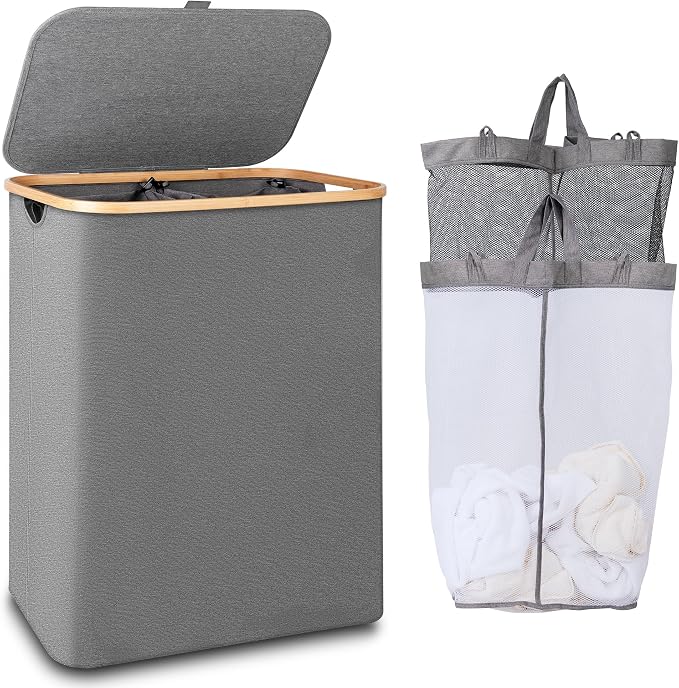 IEGrow Laundry Hamper with Lid,150L Laundry Basket with 2 Mesh Bags,Grey by iEGrow