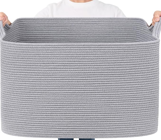 Goodpick 105L Extra Large Woven Rope Blanket Basket, Rectangle, Gray by Goodpick