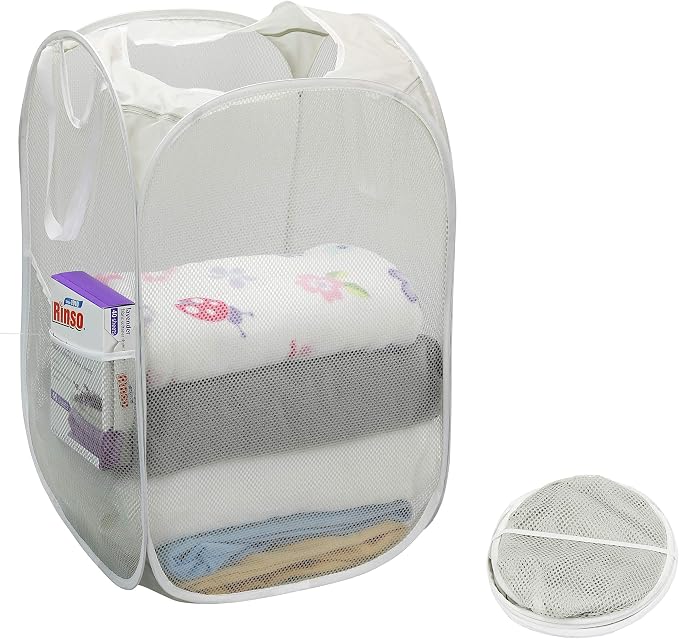 Simple Houseware Mesh Pop-Up Laundry Hamper with Side Pocket, 2 Pack, Gray - Image 3