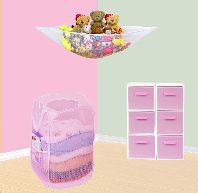 Simple Houseware Mesh Pop-Up Laundry Hamper with Side Pocket, 2 Pack, Pink - Image 4