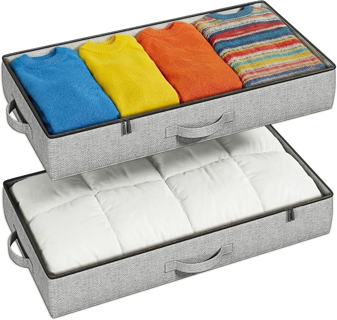 2-Pack Under Bed Storage Containers, 4.5 Inches Tall Clothes Storage, Grey | Low Profile Collapsible Underbed Organizer Bin with Sturdy Sidewalls/Bottom, Cotton-linen, For Seasonal Clothes & Bedding - Image 2