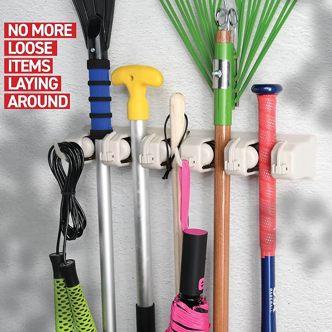 HOME IT Broom and Mop Holder Wall Mount – Heavy Duty Garage Organizer with 5 Slots & 6 Hooks, 7.5lbs Capacity Per Slot - Easy Install Storage Rack for Home, Kitchen, Laundry Room & Garden - Off-White - Image 6