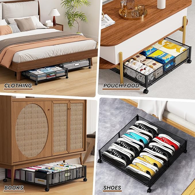 PHINOX Under Bed Storage with Wheels & Handle,Metal,Large,4 Pack,Black | Tool-free assembly, glide smoothly, easy reach, foldable, maxmazie low-profile beds, dorm, keep seasonal clothes, shoes fresh - Image 5