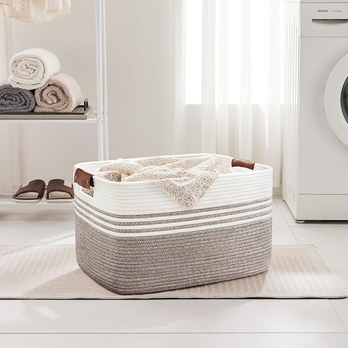 72L Woven Laundry Basket Hamper with Leather Handles,Dark Brown - Image 3