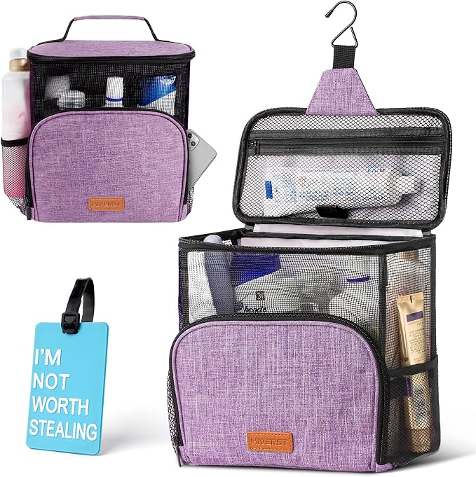 Hanging Toiletry Bag, Shower Caddy Tote Bag (Updated Version, Full Size Bottle Compatible), Bath Organizer for College Dorms, Gym, Camp, Women Men, with Funny Luggage Tag by HiVERST