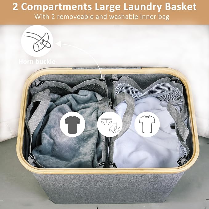IEGrow Laundry Hamper with Lid,150L Laundry Basket with 2 Mesh Bags,Grey - Image 3
