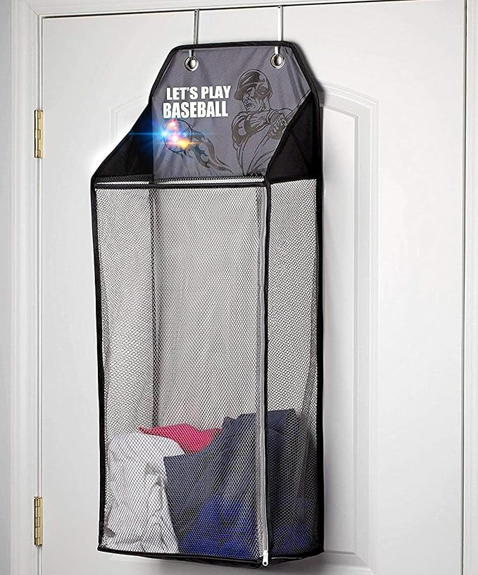 Store & Score Over The Door Hanging Kids Fun LED Baseball Light-Up Collapsible Mesh Laundry Hamper Basket, Toy Chest, Heavy Duty Metal Hooks Included. Patent Pending - Image 2