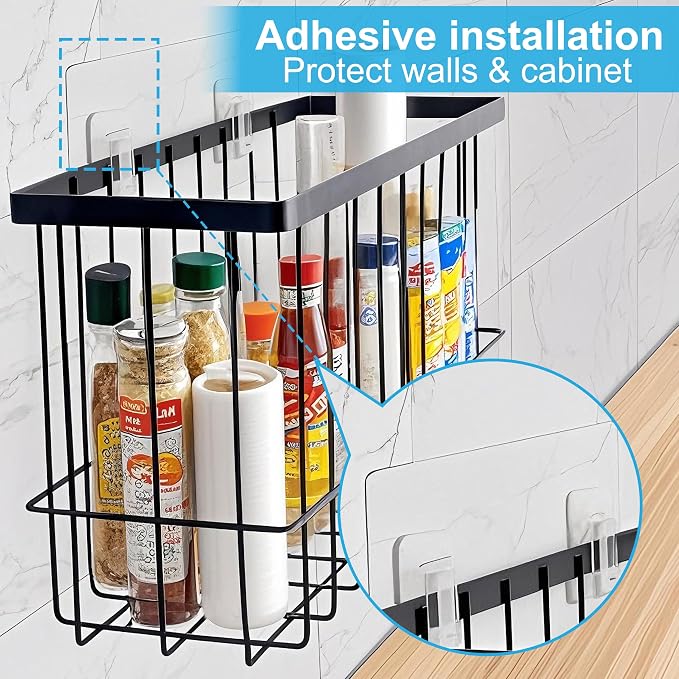 Cabinet Door Organizer Basket 2 Pack, Foil and Plastic Wrap Organizer with 2 Sponges, Lid Organizers Inside Cabinet, Metal Basket for Kitchen Organizers and Storage, Utility, Black (Medium,Large) - Image 3