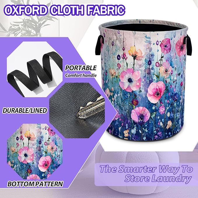 Colorful Flowers Laundry Basket Oxford Cloth Floral Hamper 18.9 x 16.5 Inch - Image 3