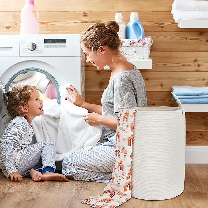 XUANGUO White Cotton Rope Laundry Basket Hamper for Clothes Large - Image 4