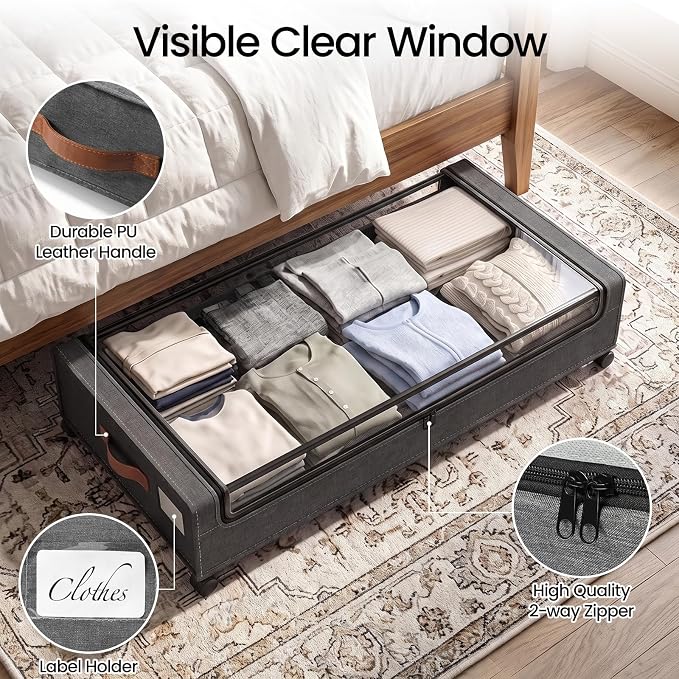 Yecaye 70L Under Bed Storage with Wheels, 2Pack Larger Capacity Under Bed Storage Containers, Underbed Shoe Storage Organizer, Rolling Under Bed Metal Drawers for Clothes, Blankets(35.5 x 17 x 6.7in) - Image 5