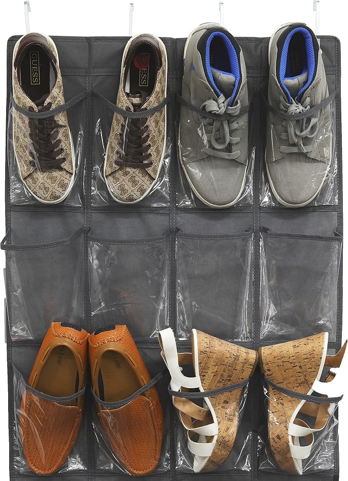 Simple Houseware 24 Pockets Large Clear Over Door Shoe Organizer, Dark Gray | 56" x 22.5", 4 Durable Metal Hooks, 5" x 9" Pocket Size, Multipurpose - Image 4